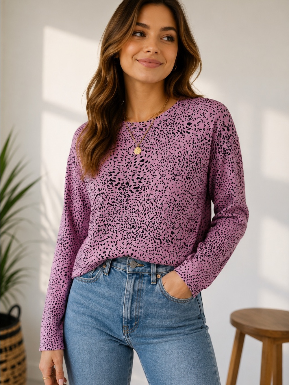 Monrow Mauve Pink Printed Long-Sleeve Tee